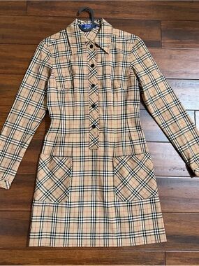 Burberry Beige Plaid Long Sleeve Shift Dress